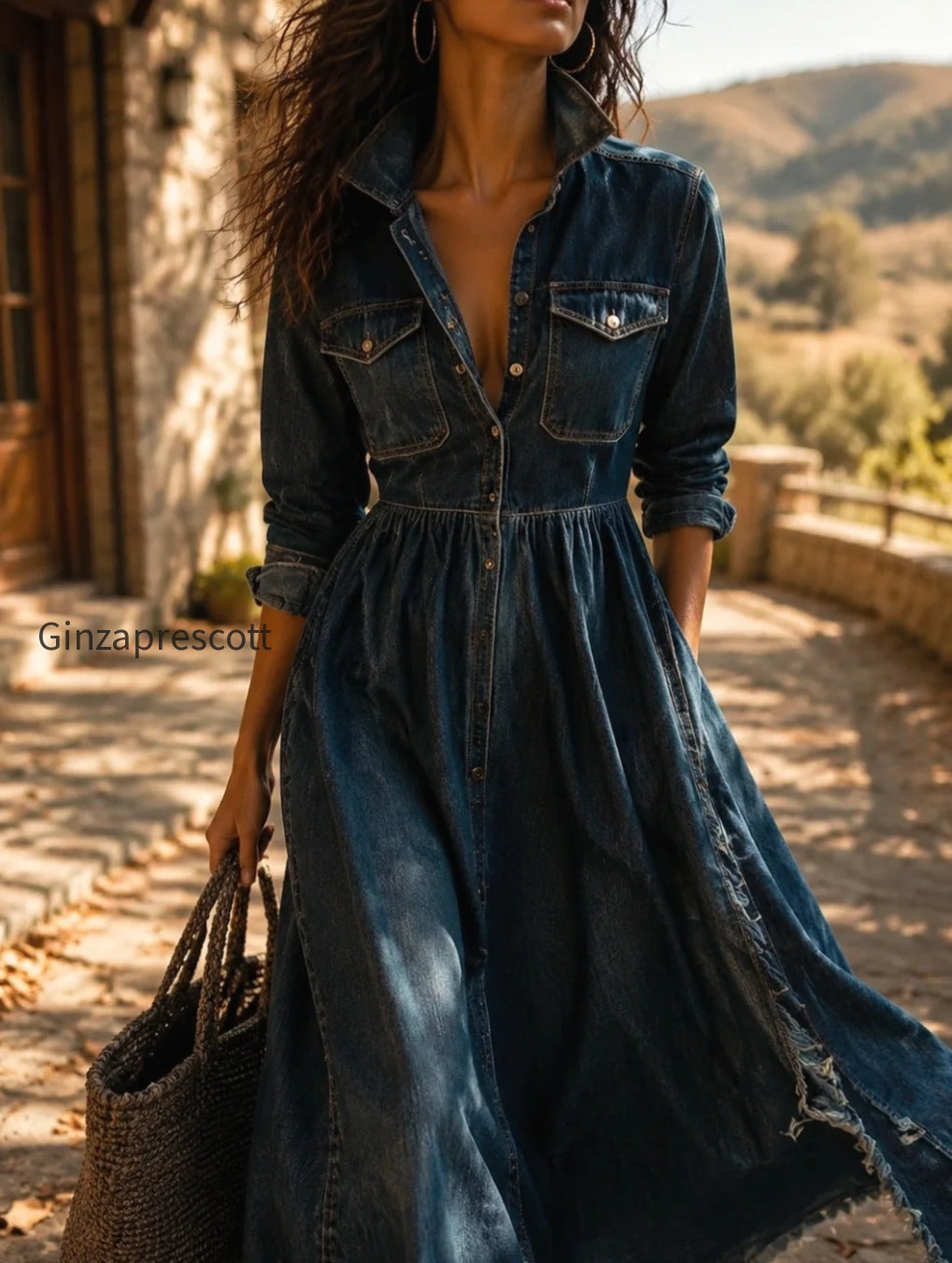 stylish-stand-collar-washed-raw-hem-maxi-dress