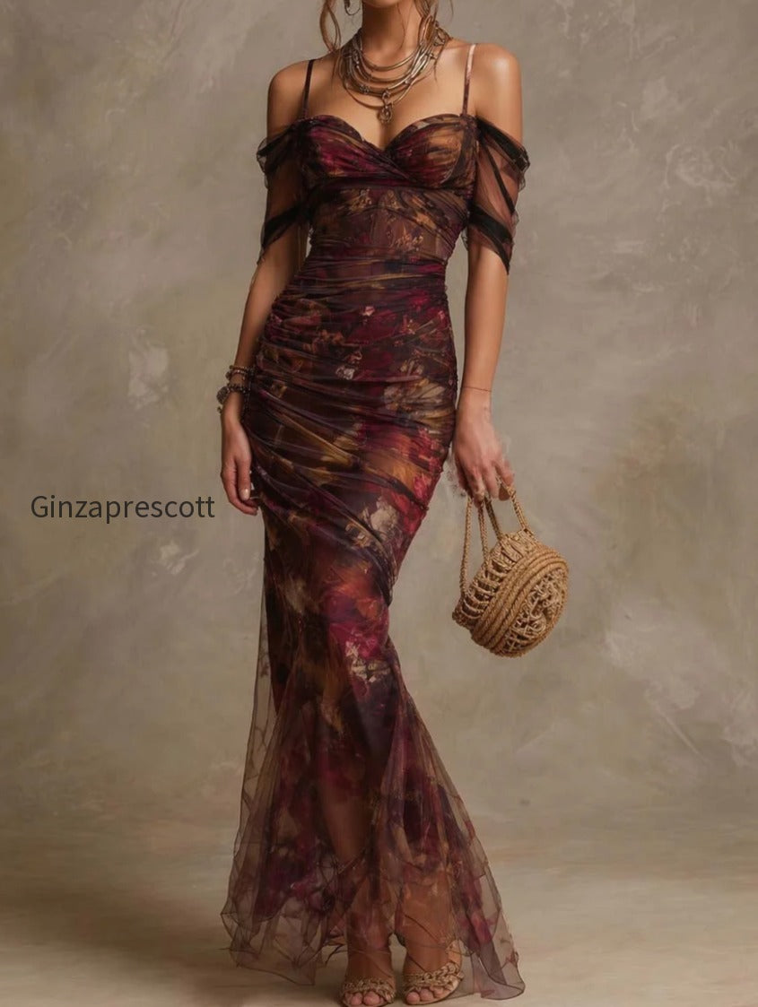vintage-floral-print-off-the-shoulder-ruched-mesh-mermaid-maxi-dress