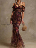 vintage-floral-print-off-the-shoulder-ruched-mesh-mermaid-maxi-dress