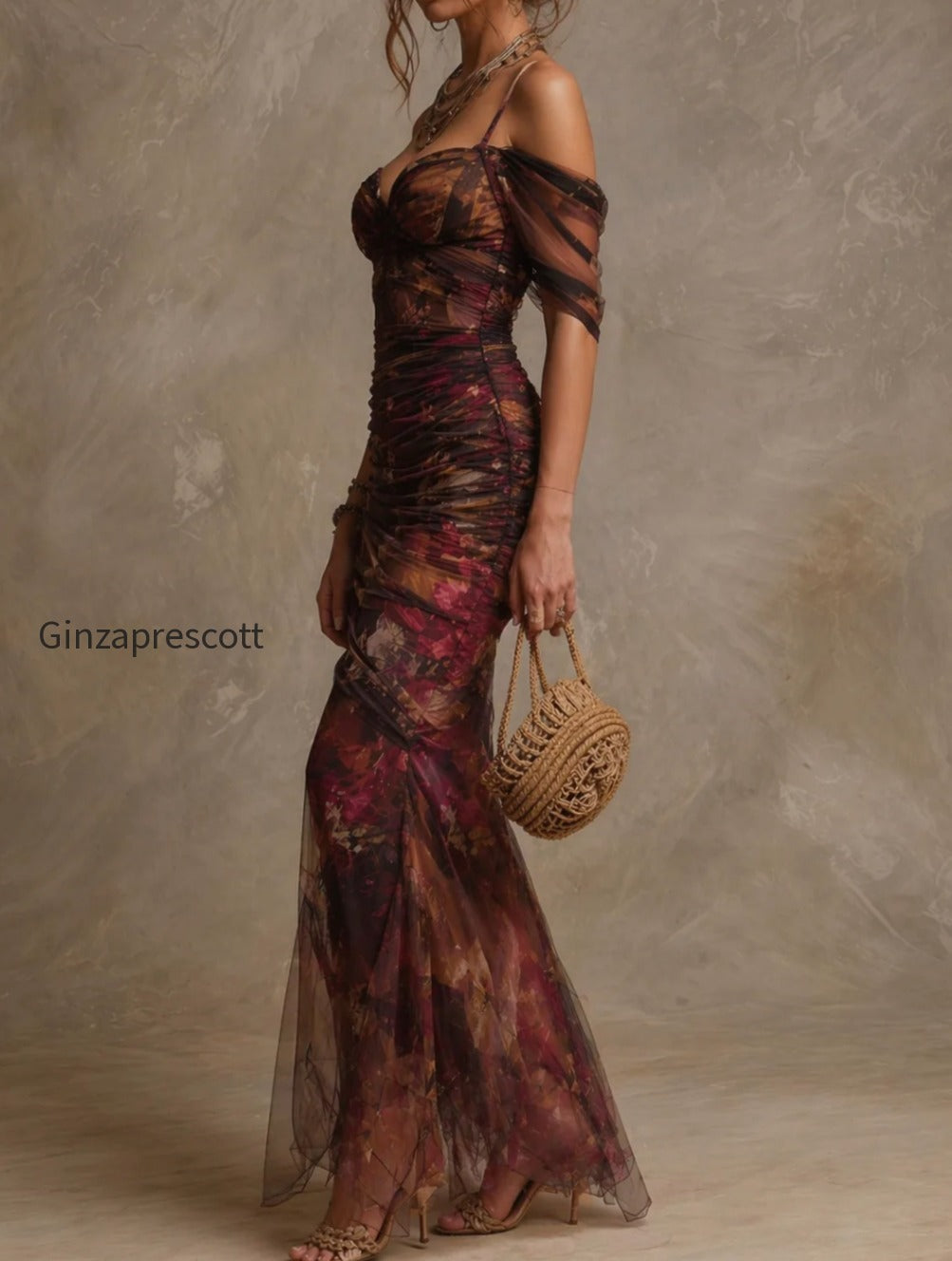 vintage-floral-print-off-the-shoulder-ruched-mesh-mermaid-maxi-dress