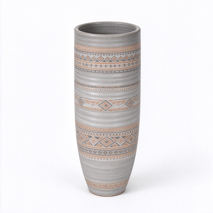 Tall Light Grey Ribbed Tribal Pattern Ceramic Vase