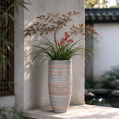 Tall Light Grey Ribbed Tribal Pattern Ceramic Vase