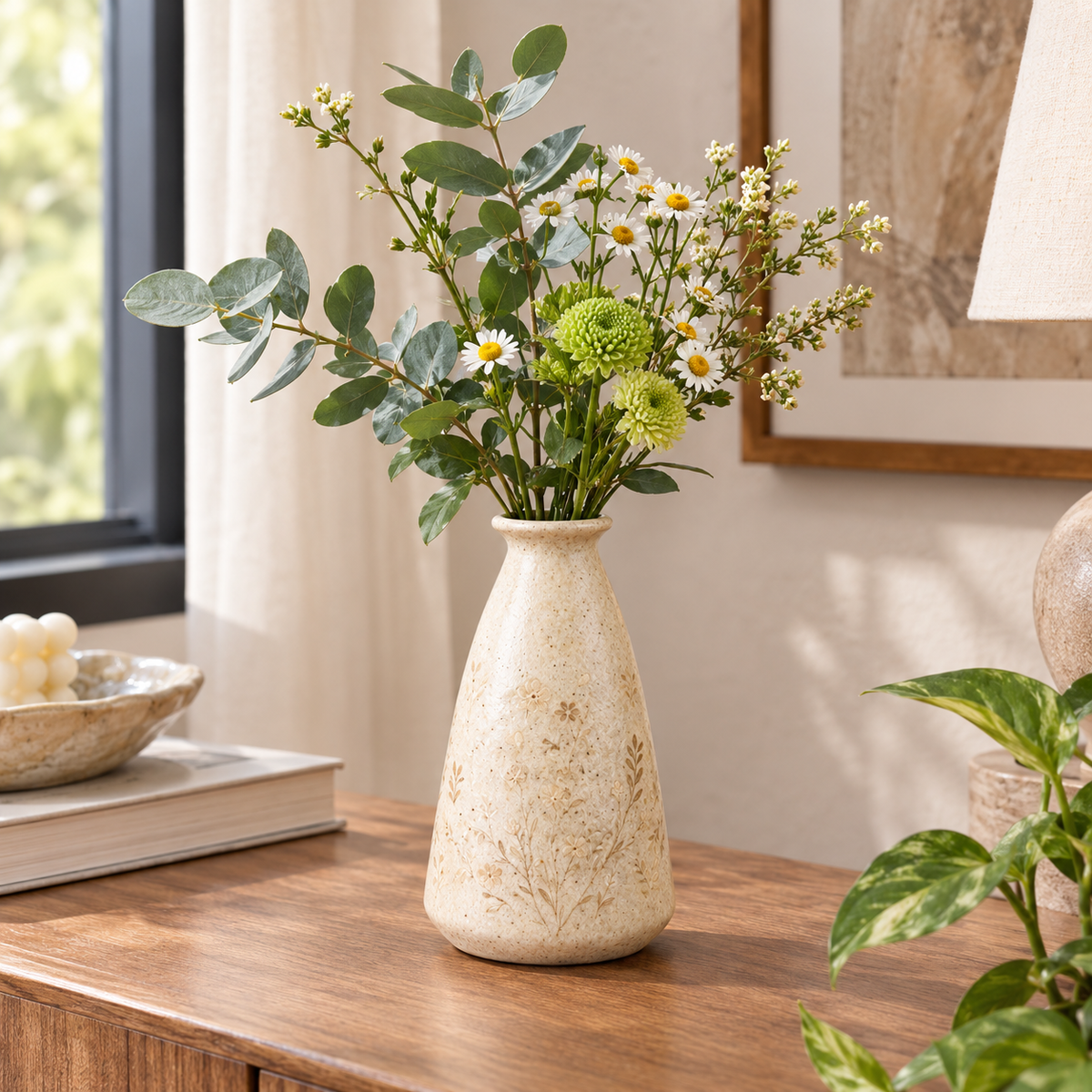 Speckled Cream Conical Wildflower Ceramic Vase