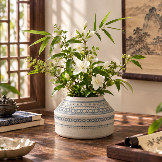 Low Wide Blue Circle Pattern Ceramic Vase