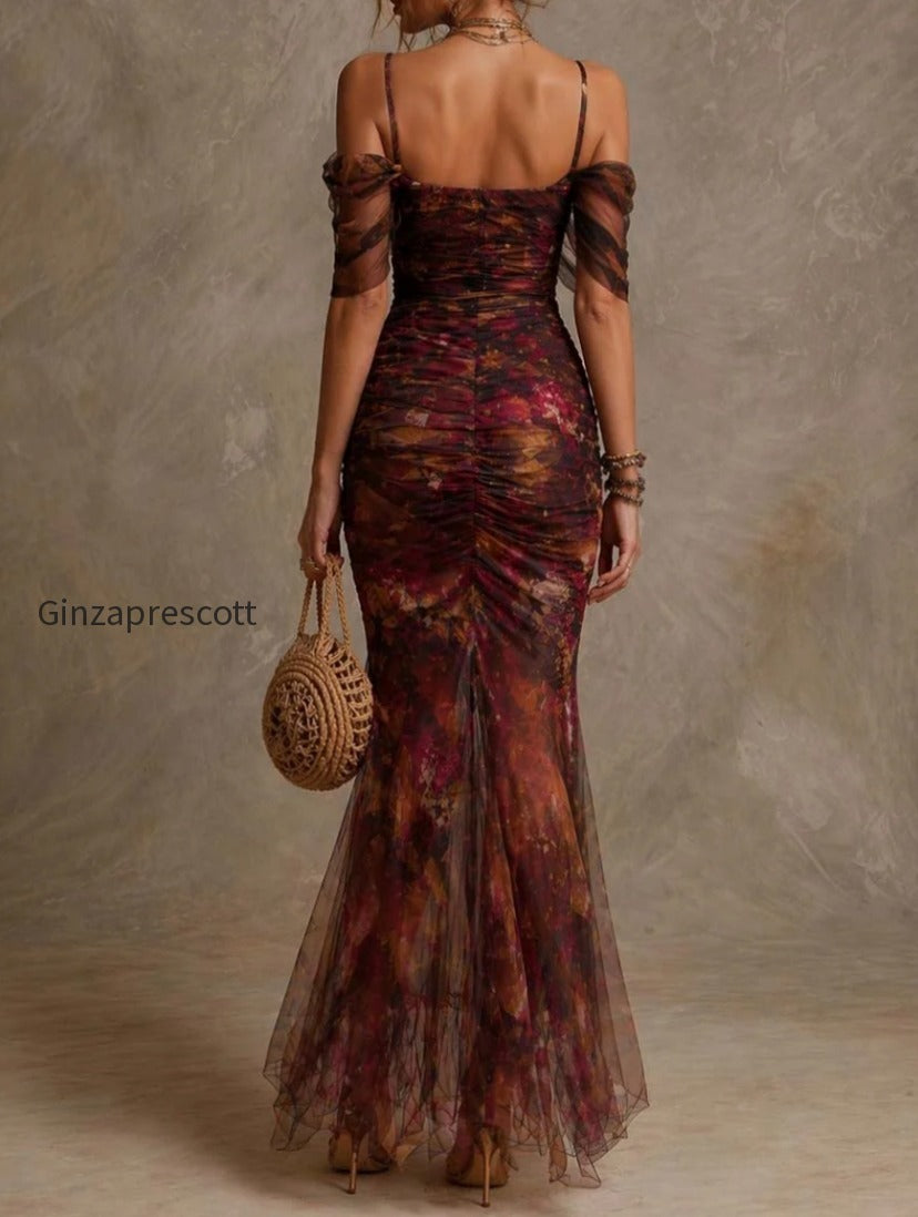 vintage-floral-print-off-the-shoulder-ruched-mesh-mermaid-maxi-dress
