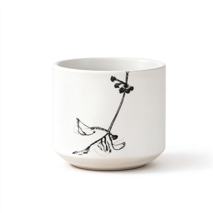 White Minimalist Ink Sketch Botanical Ceramic Vase