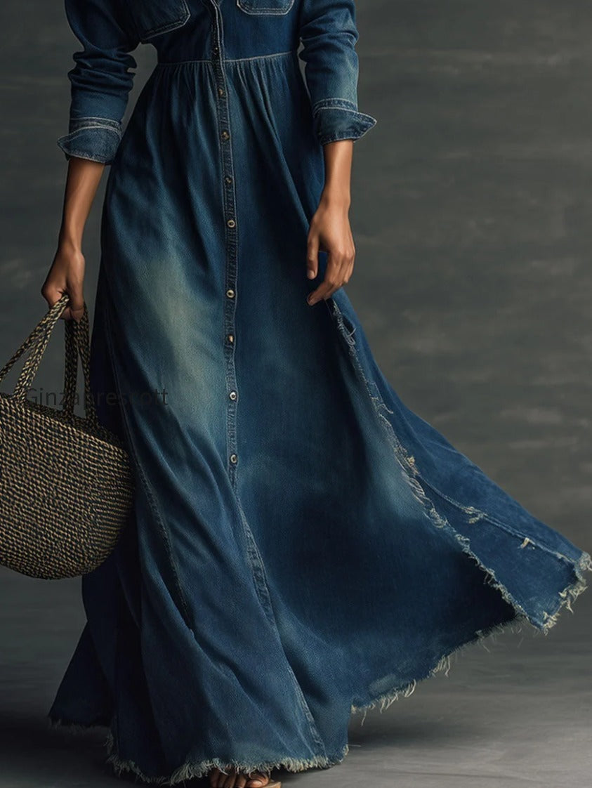 stylish-stand-collar-washed-raw-hem-maxi-dress