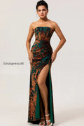 peacock-green-strapless-corset-long-velvet-bridesmaid-dress-with-slit