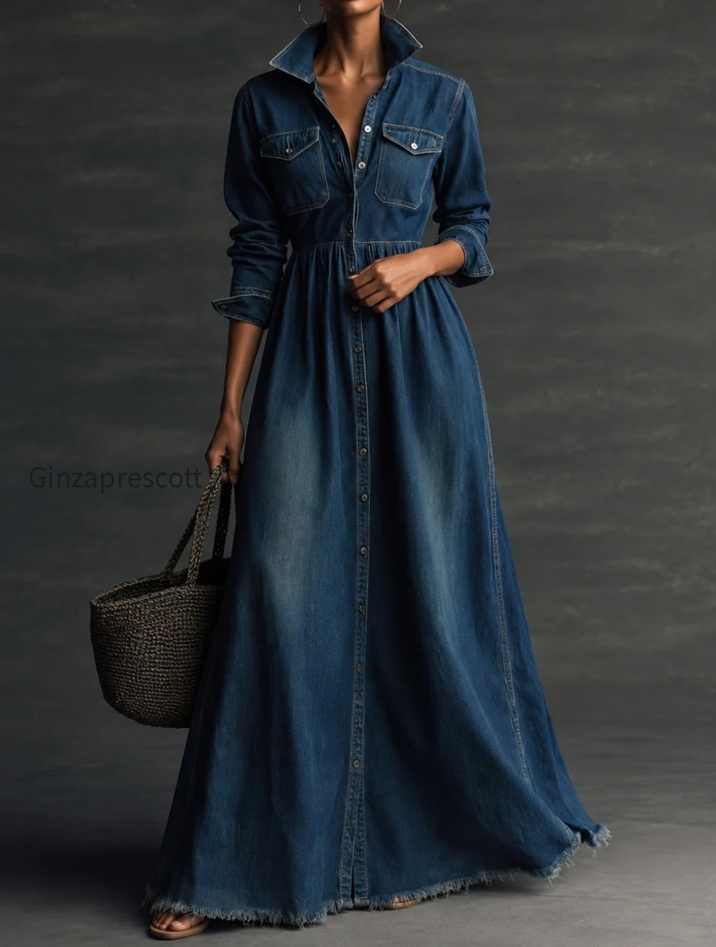 stylish-stand-collar-washed-raw-hem-maxi-dress