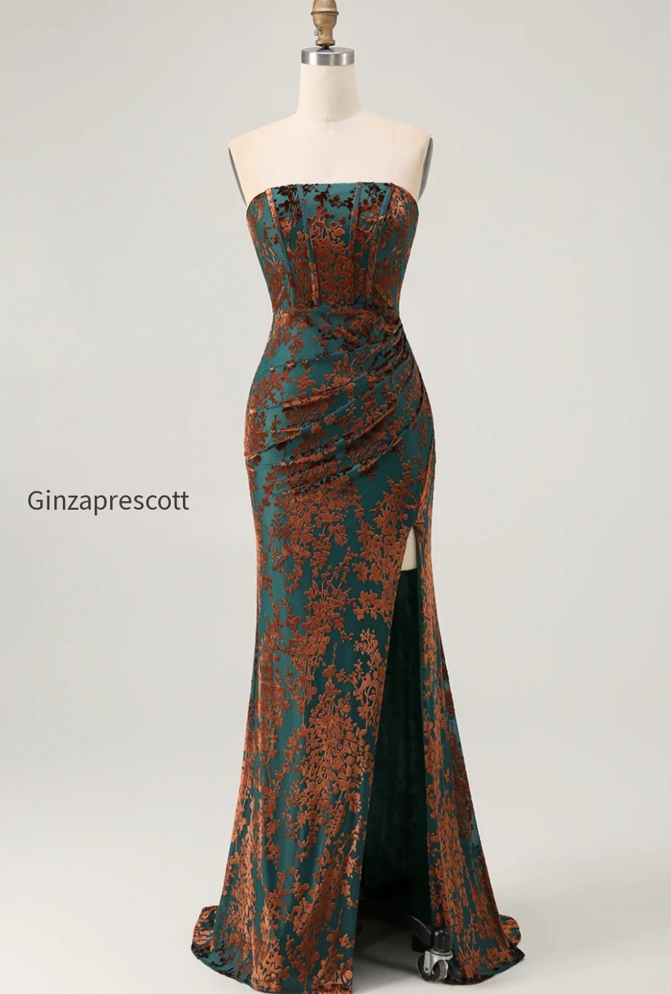 peacock-green-strapless-corset-long-velvet-bridesmaid-dress-with-slit