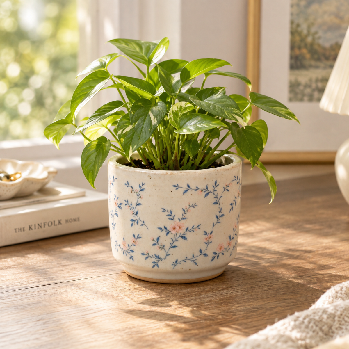 Cream Blue Twig Floral Ceramic Vase