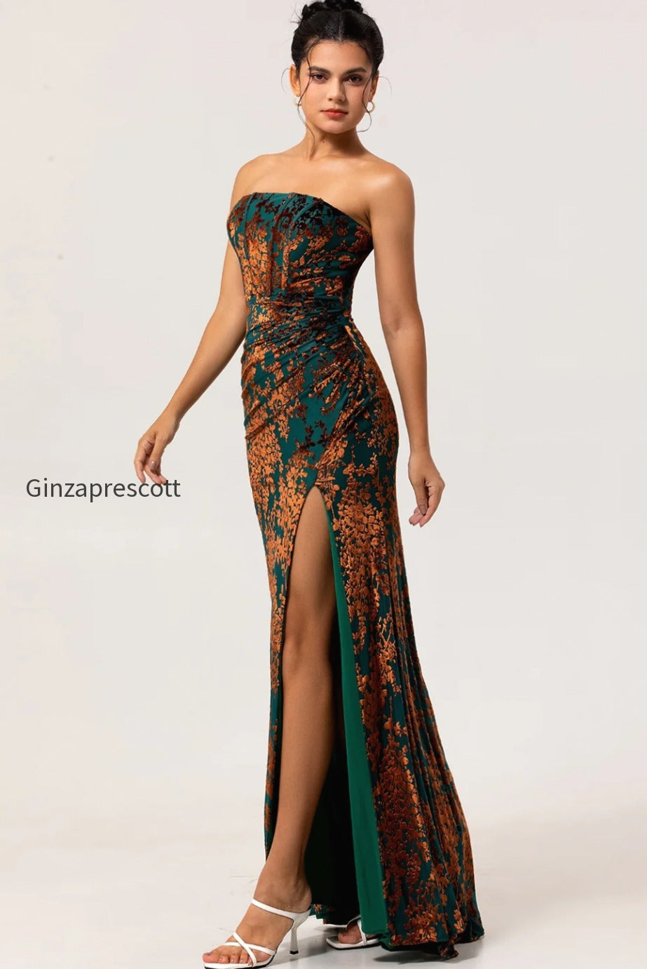 peacock-green-strapless-corset-long-velvet-bridesmaid-dress-with-slit