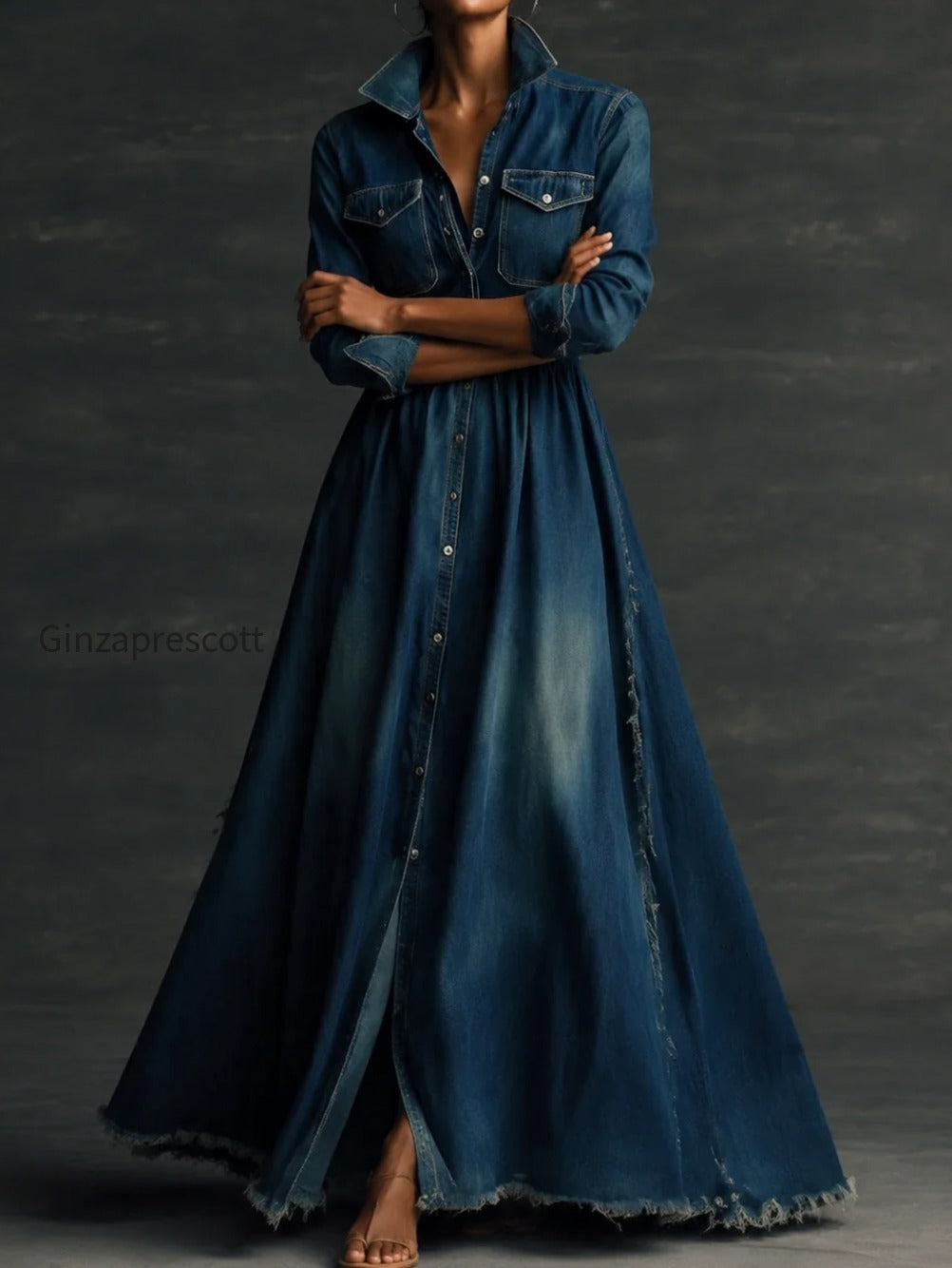 stylish-stand-collar-washed-raw-hem-maxi-dress
