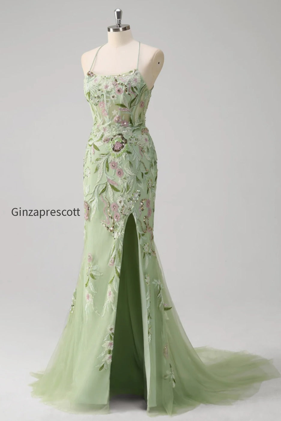 green-floral-mermaid-applique-spaghetti-straps-corset-long-prom-dress-with-slit