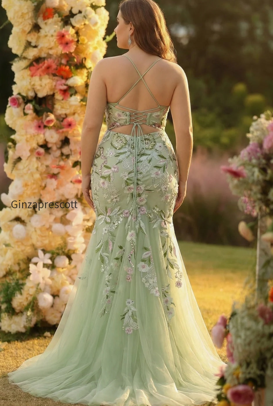 green-floral-mermaid-applique-spaghetti-straps-corset-long-prom-dress-with-slit
