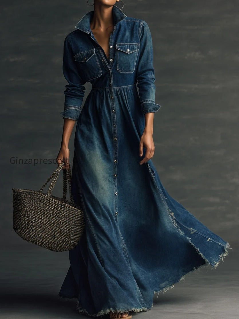 stylish-stand-collar-washed-raw-hem-maxi-dress