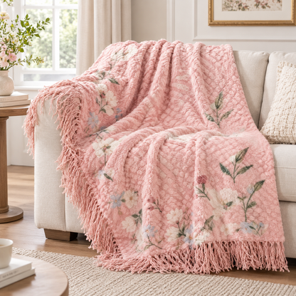 Soft Ribbed Pattern Fringed Trim Throw Blanket