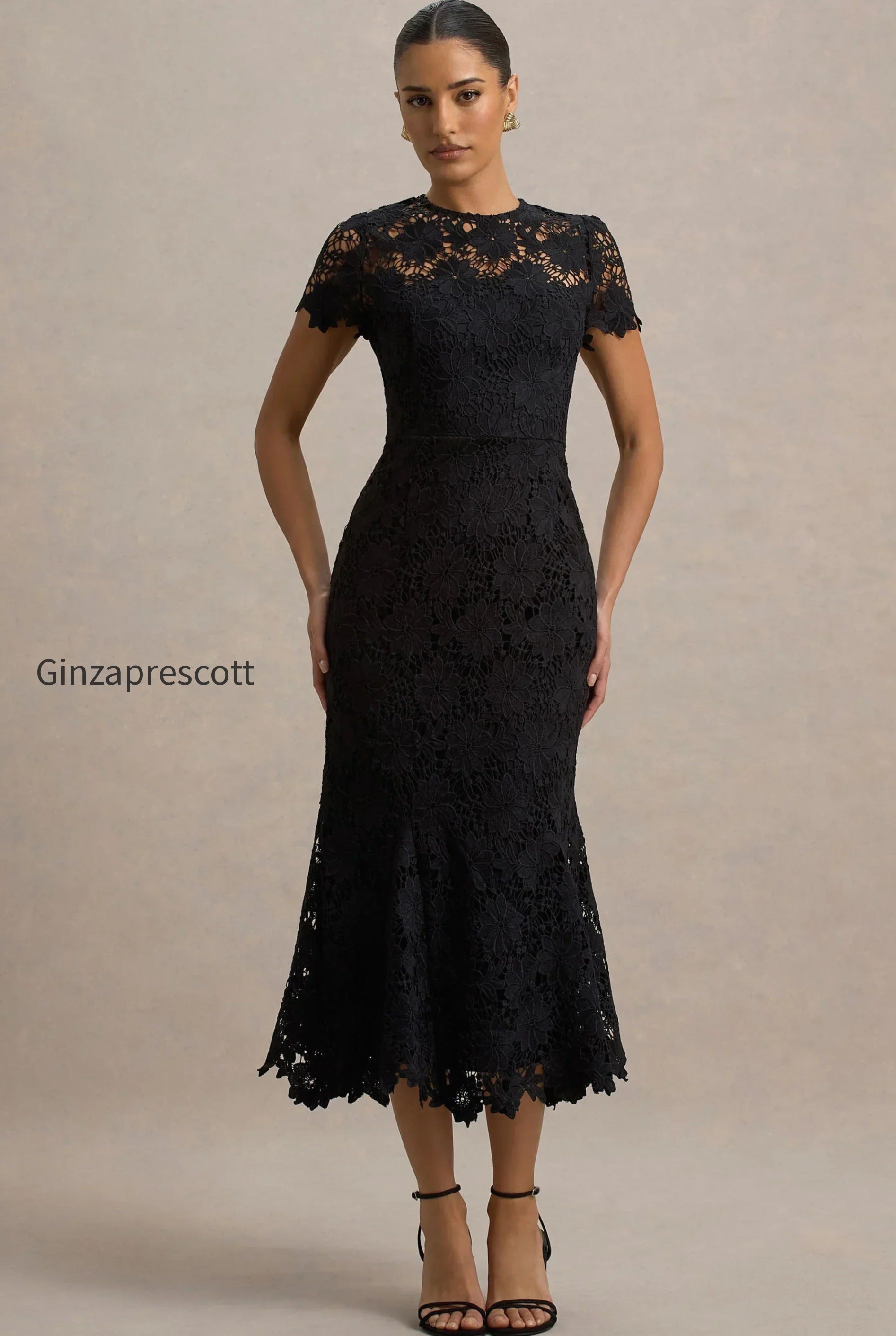 clarissa-black-lace-short-sleeve-pleated-midi-dress
