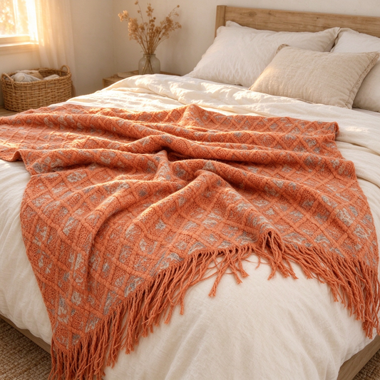 Boho Style Diamond Knit & Fringes Throw Blanket