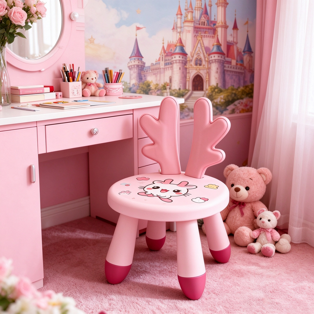 Pink Bunny Antler Kids Plastic Stool