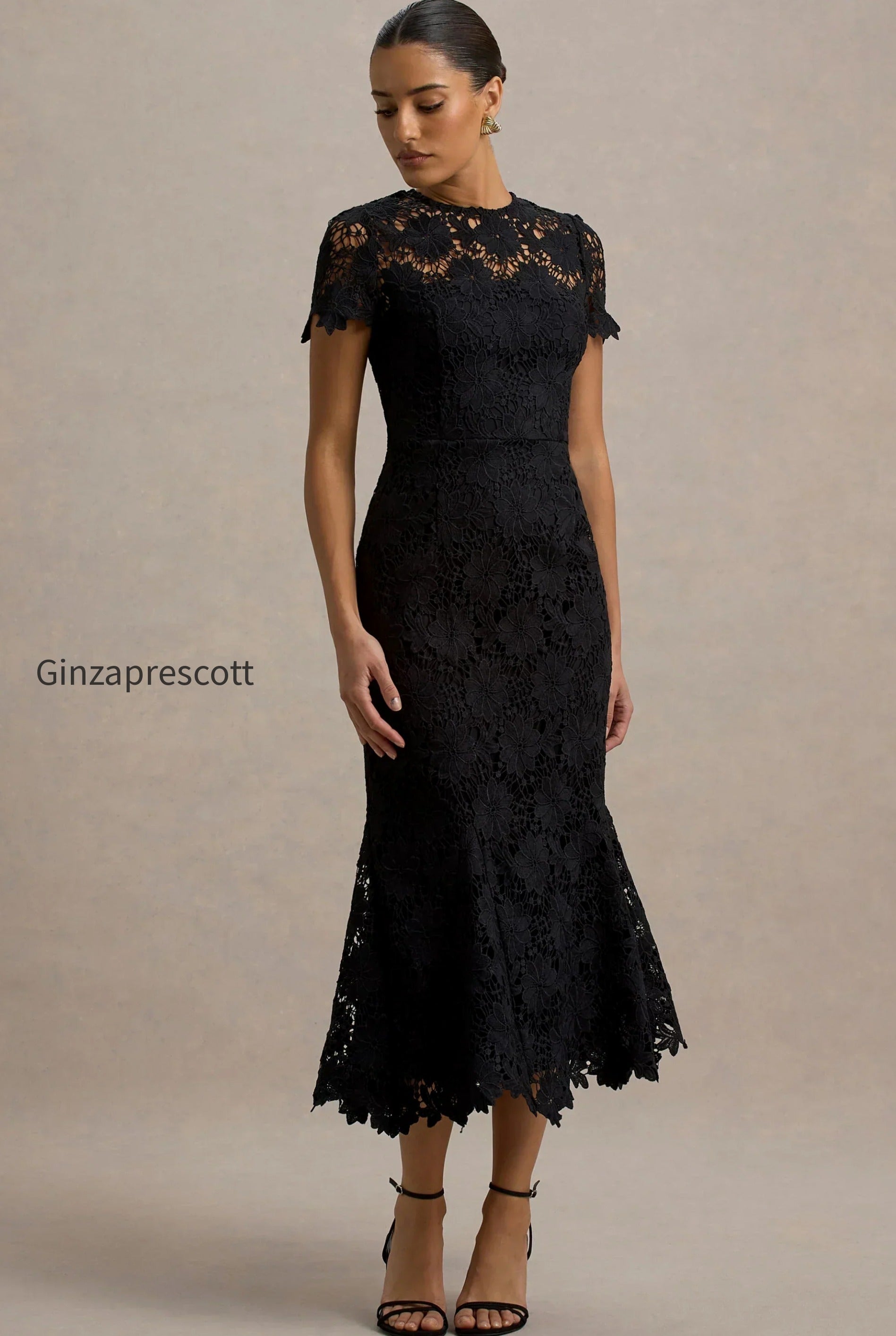 clarissa-black-lace-short-sleeve-pleated-midi-dress