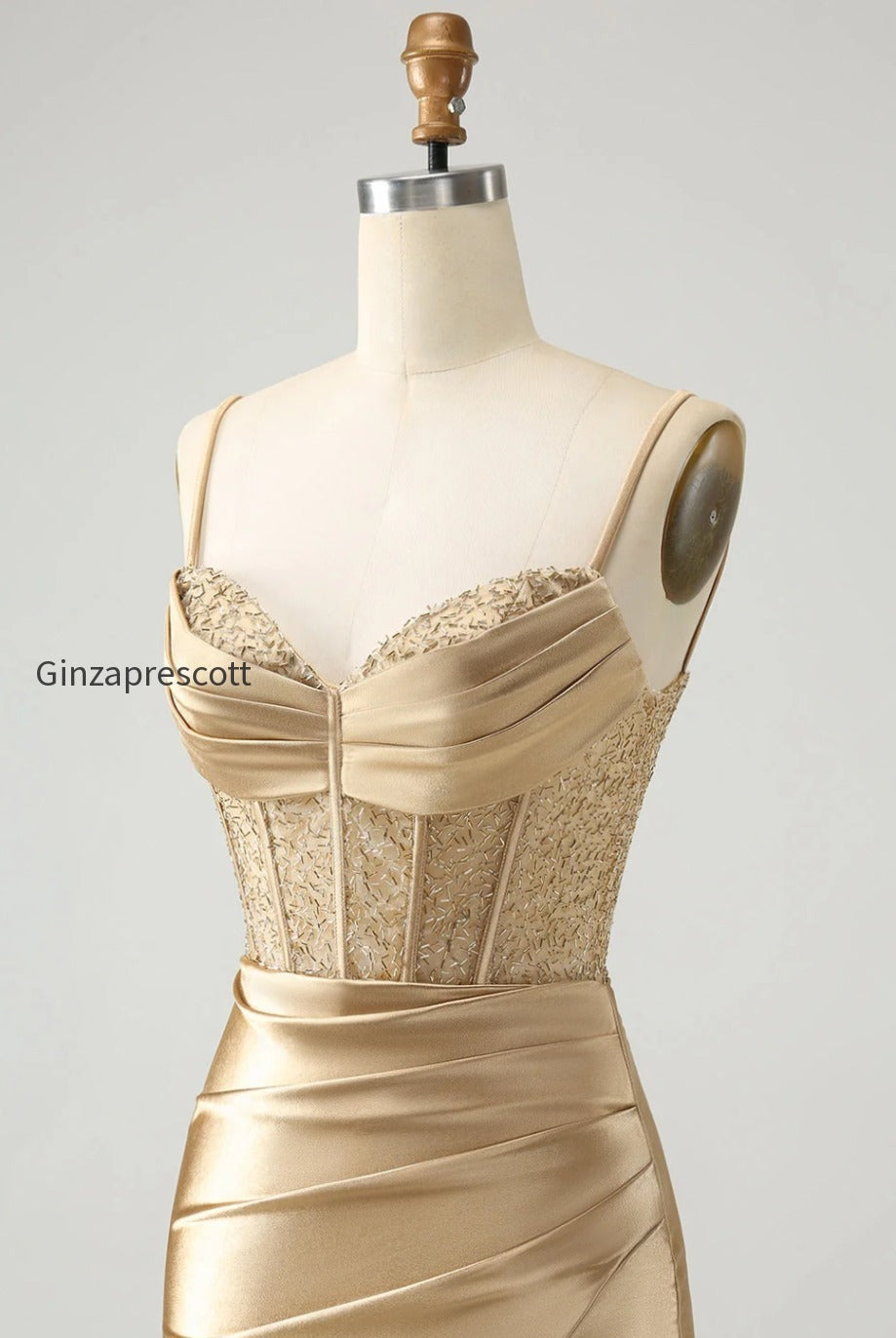 golden-spaghetti-straps-bodycon-corset-satin-homecoming-dress-with-slit