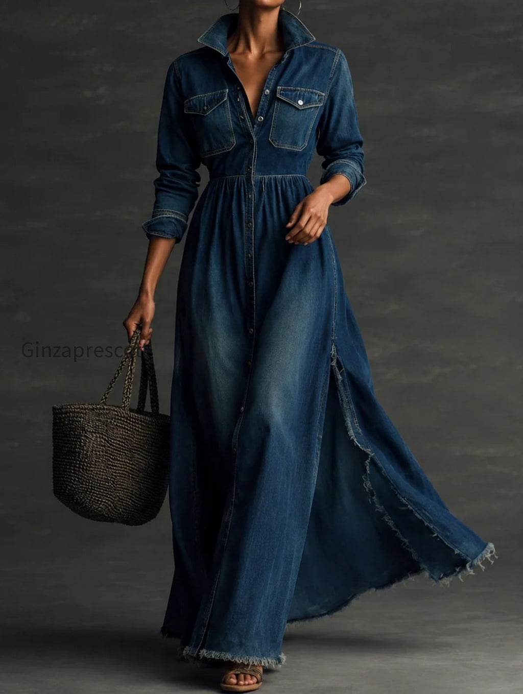 stylish-stand-collar-washed-raw-hem-maxi-dress